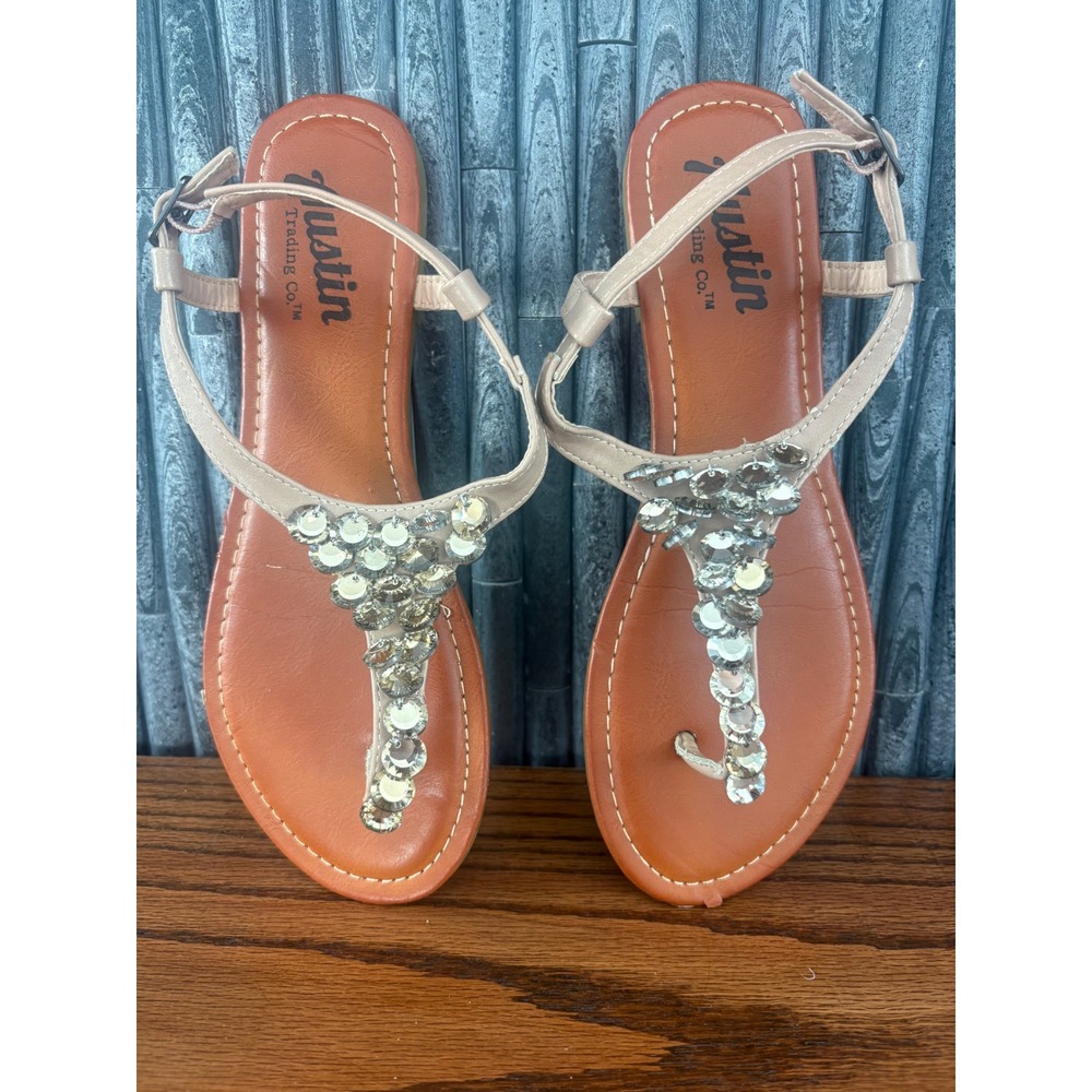 Austin Trading Co Womens 9 Beige Rhinestone T-Strap Flat Thong Sandals 155889